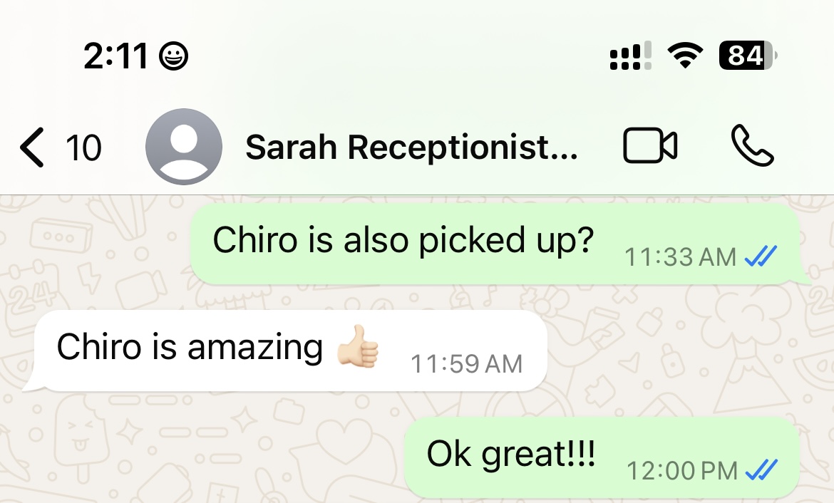 Client WhatsApp — chiro is amazing