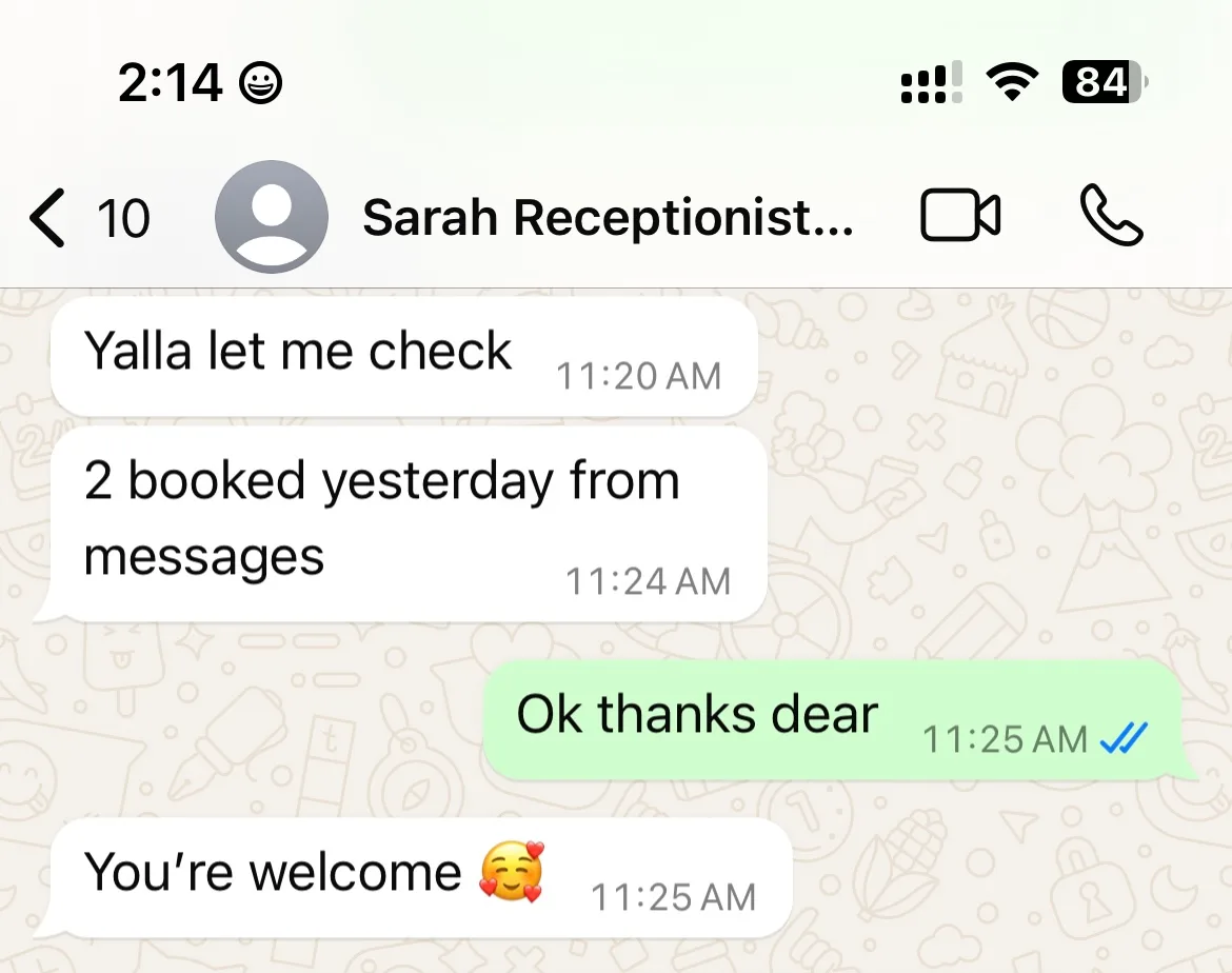 Client WhatsApp — 2 booked from messages