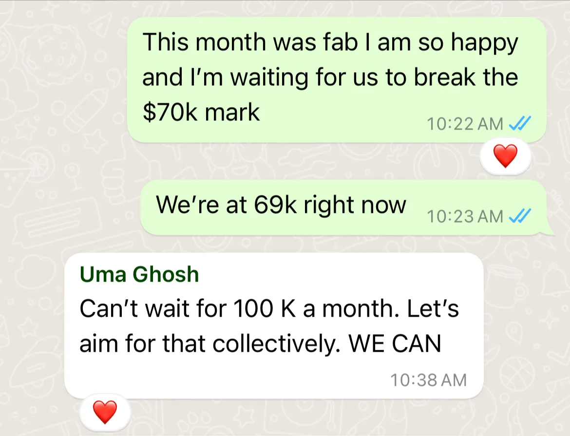 Client WhatsApp — approaching the 70K month