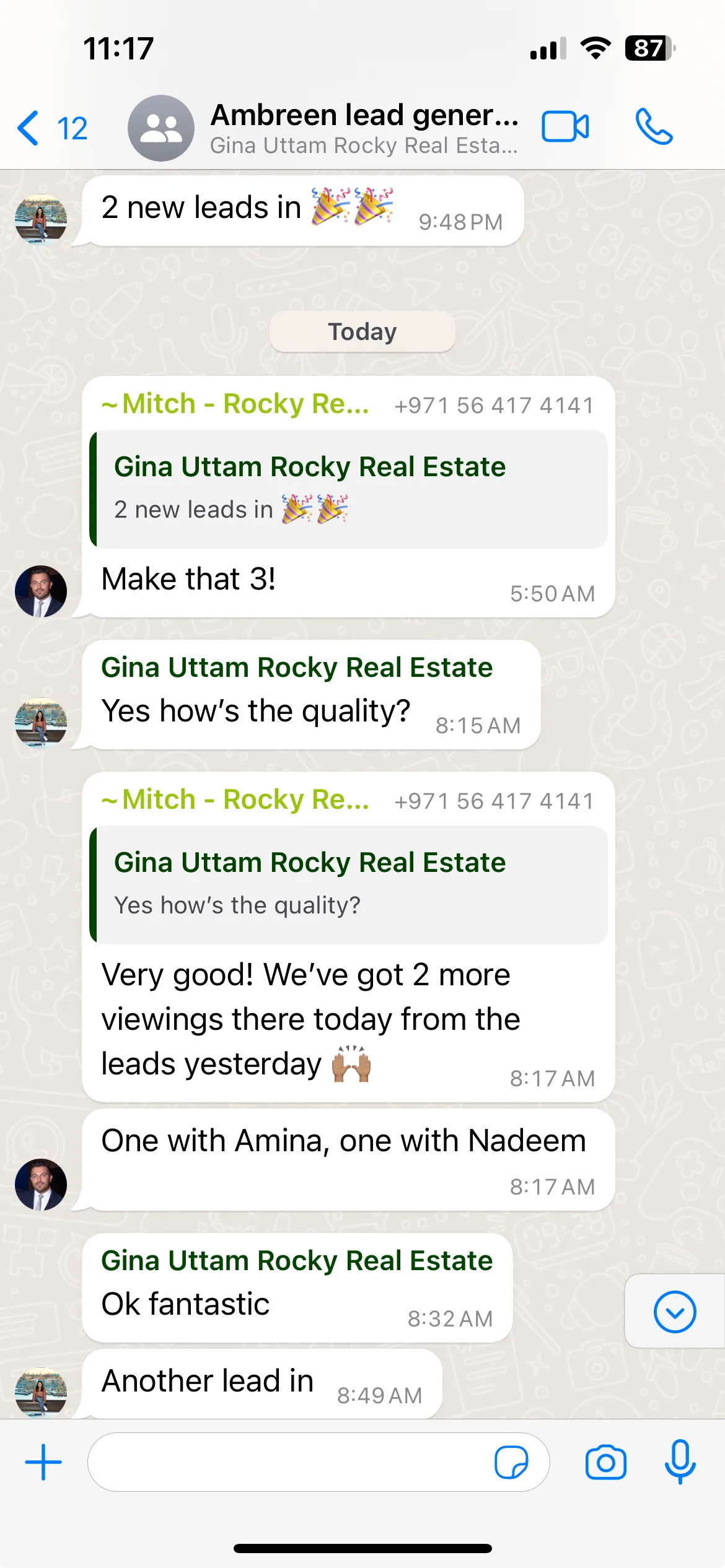 Client WhatsApp — leads and viewings coming in