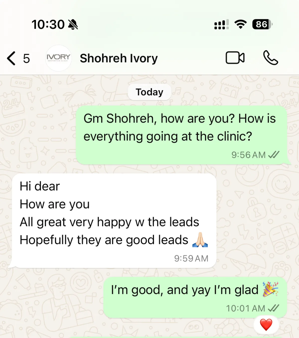 Client WhatsApp — very happy with the leads