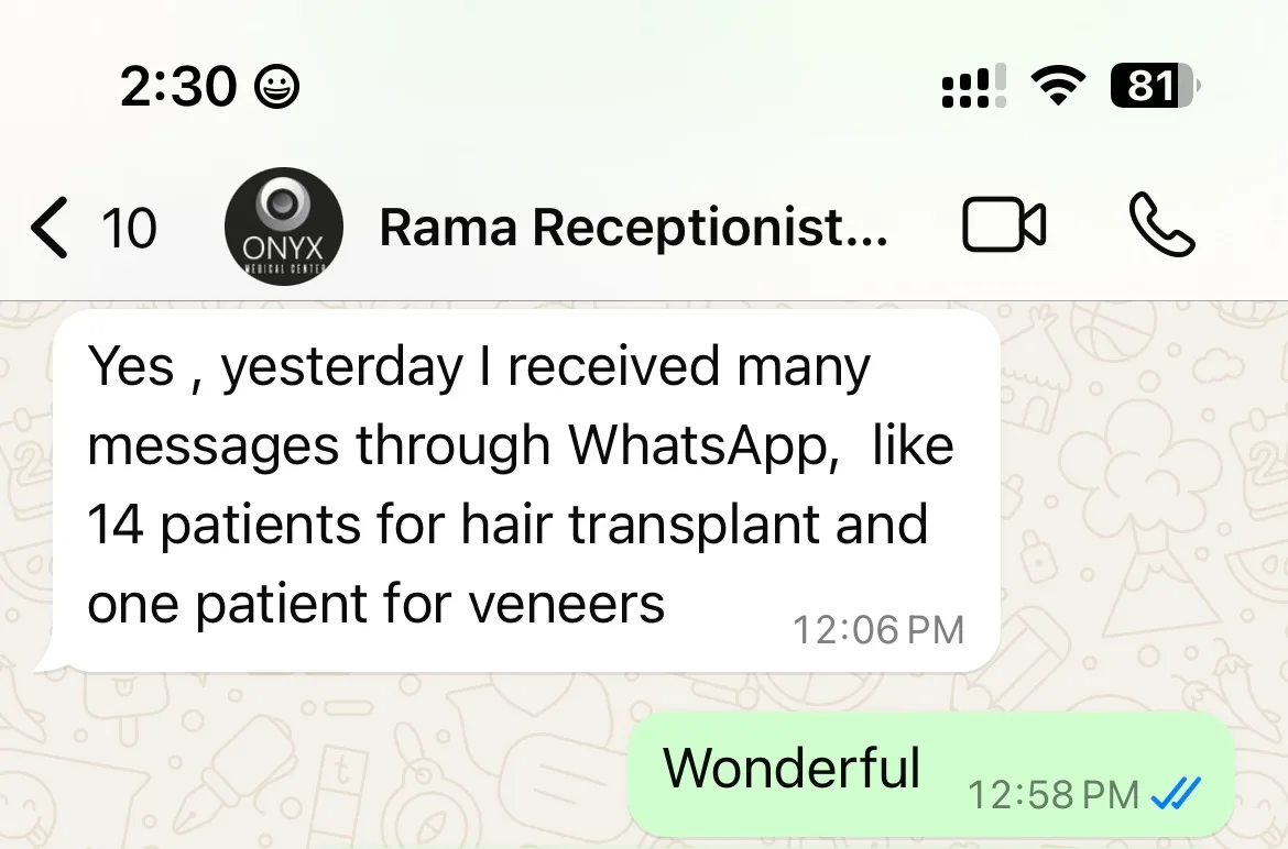 Client WhatsApp — 14 patients from ads
