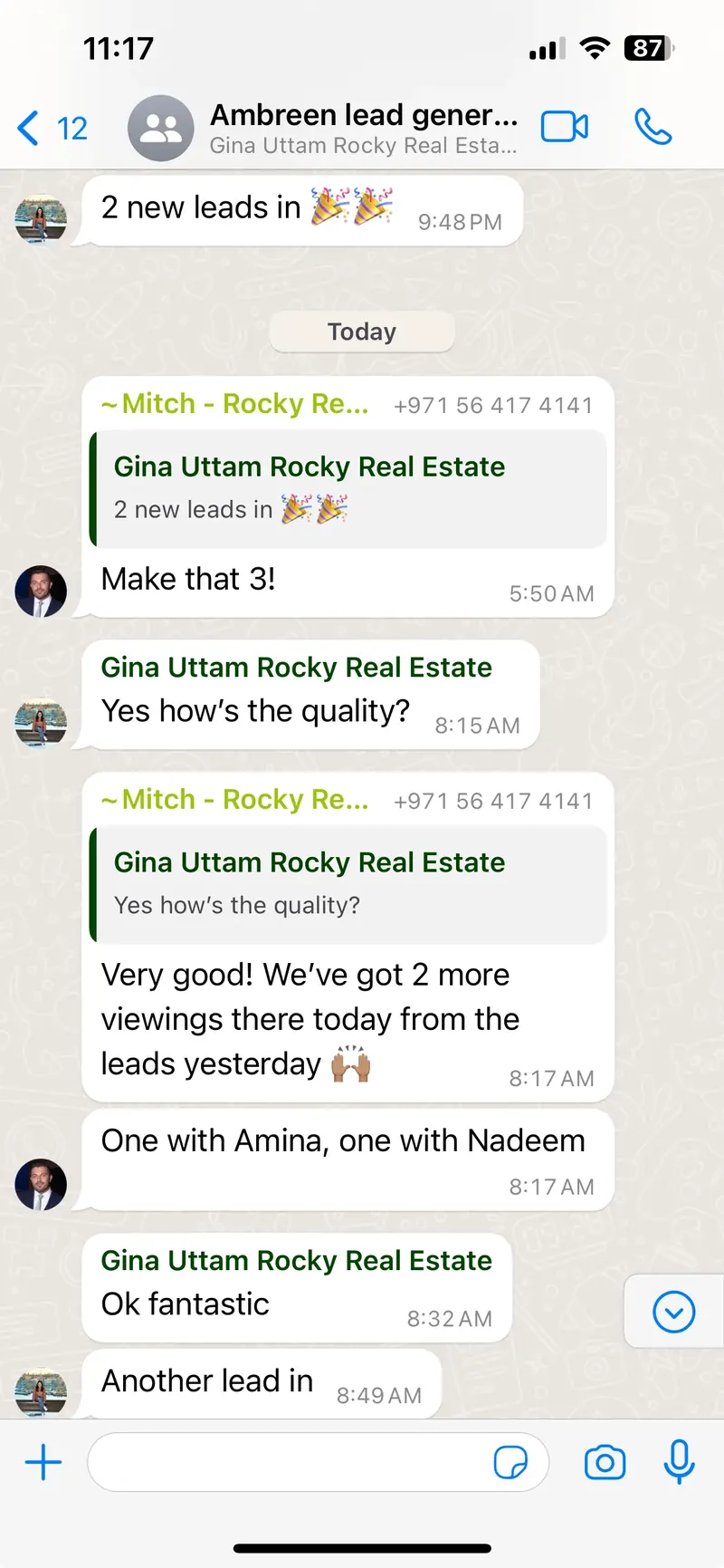 Client WhatsApp — leads and viewings coming in