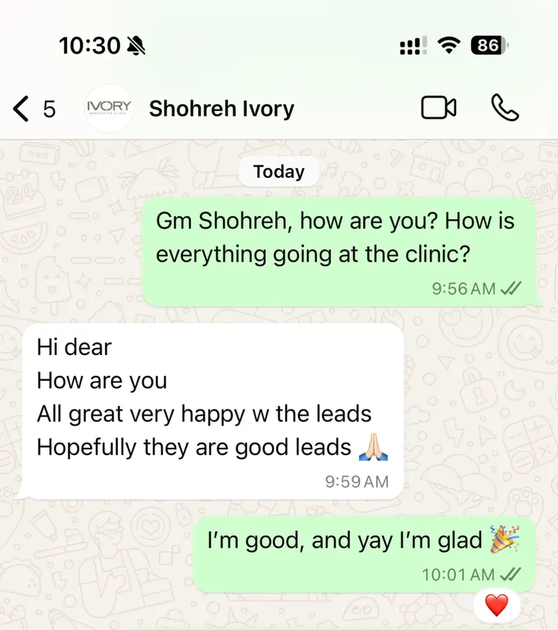 Client WhatsApp — very happy with the leads