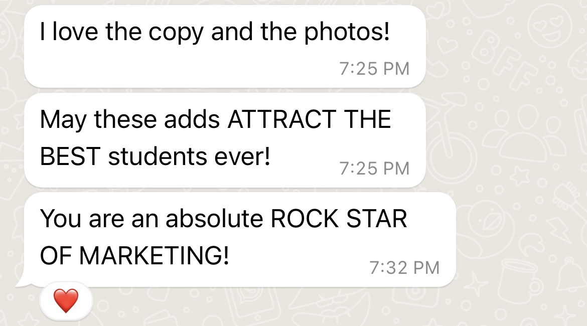 WhatsApp messages from Andreea Zoia praising the ad copy and calling Ambreen a rock star of marketing