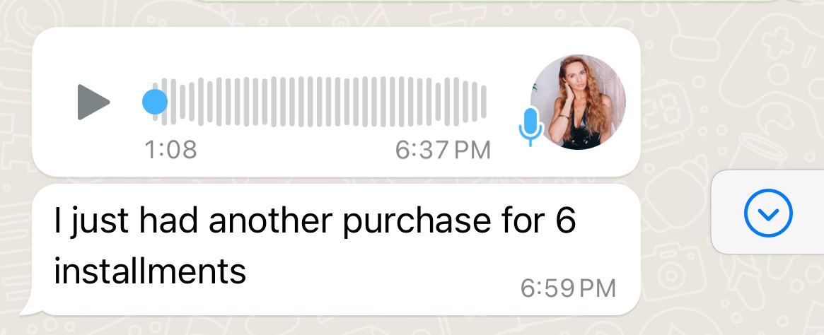 WhatsApp message from Anita Milovac about another programme purchase in six instalments