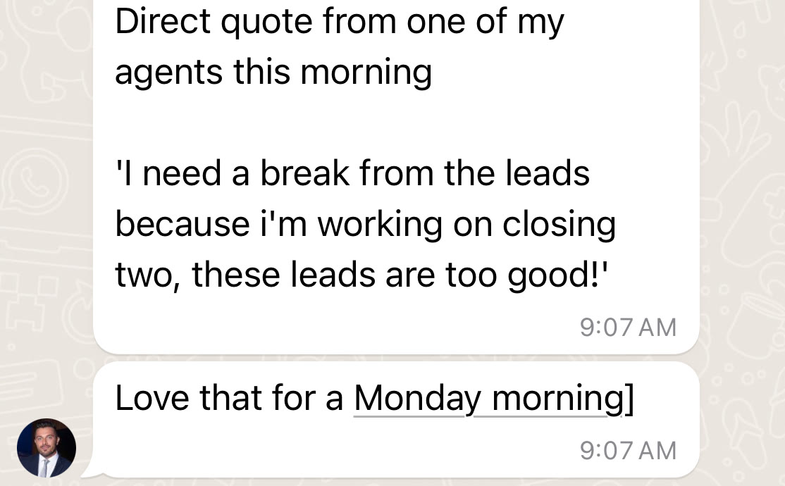 WhatsApp message from Rocky Real Estate quoting an agent who says the leads are too good