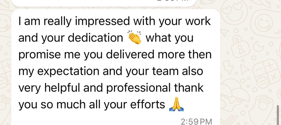 WhatsApp message from the owner of Slim Polyclinic praising the agency work and team